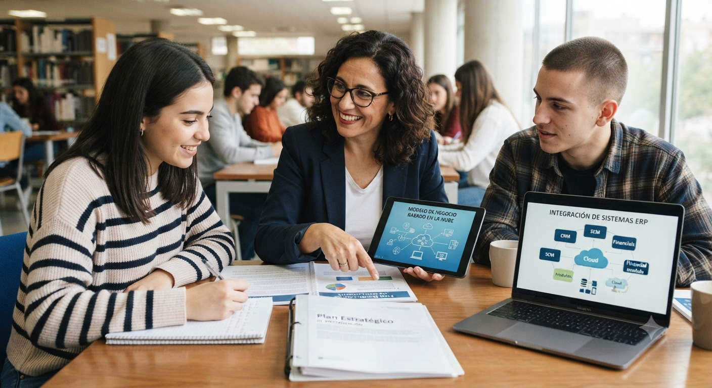 Una docente y dos estudiantes universitarios revisan en una tablet y una laptop esquemas sobre la integración de sistemas ERP y modelos de negocio en la nube, analizando diferentes tipos de sistemas de información corporativos