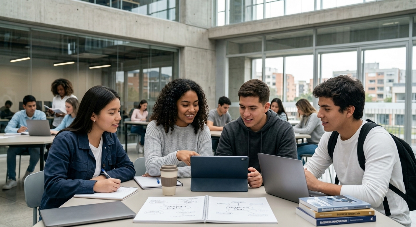 Cuatro estudiantes universitarios sentados juntos en una mesa de biblioteca discutiendo apuntes y revisando información en un portátil y tableta para un proyecto de administración y negocios digitales