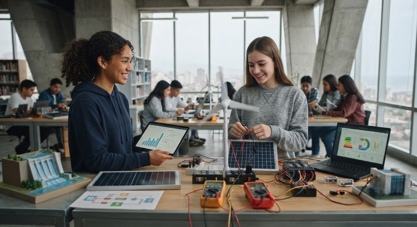 Dos estudiantes analizando datos digitales y maquetas sobre tipos de energía en un laboratorio