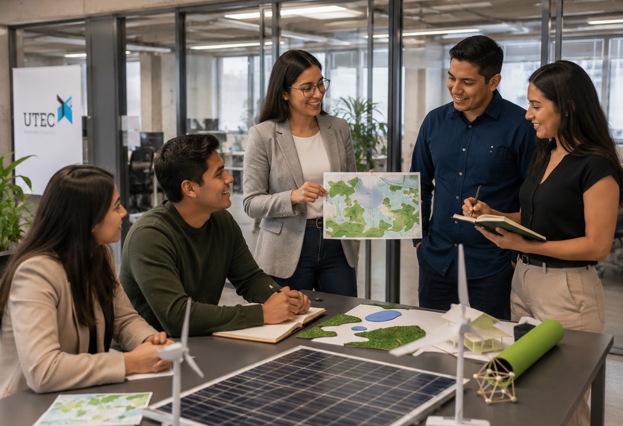 Una especialista explica un mapa topográfico frente a un panel solar y gráficas de rendimiento, destacando el uso de instrumentos de gestión ambiental en la planificación de recursos naturales