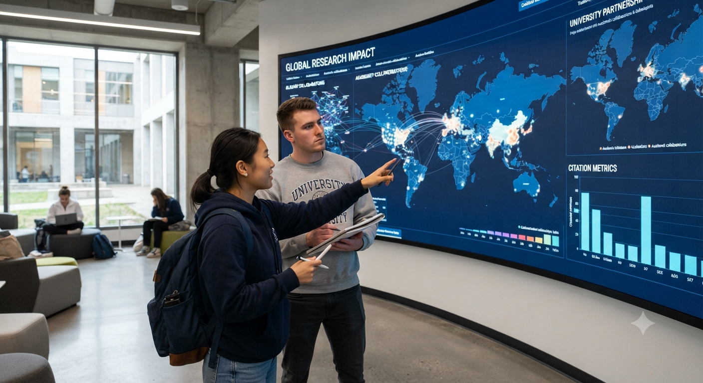 Dos estudiantes universitarios vestidos de forma casual, de pie en un espacio de colaboración moderno con grandes ventanales. Interactúan con una enorme pantalla LED curva que muestra un mapa mundial detallado y gráficos de dispersión sobre impacto de investigación académica, titulado 'GLOBAL BIG DATA RESEARCH IMPACT'